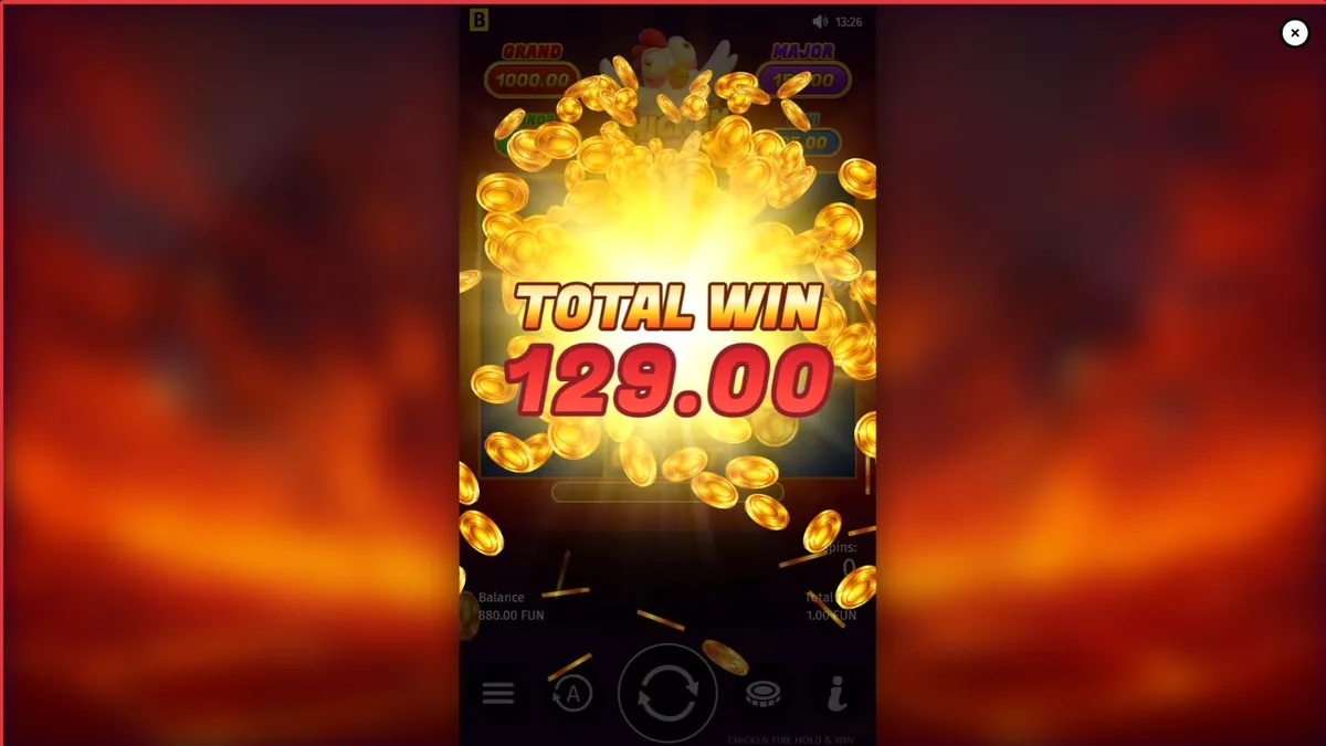 Interface do jogo de slot Chicken Fire com tema de fazenda e frutas